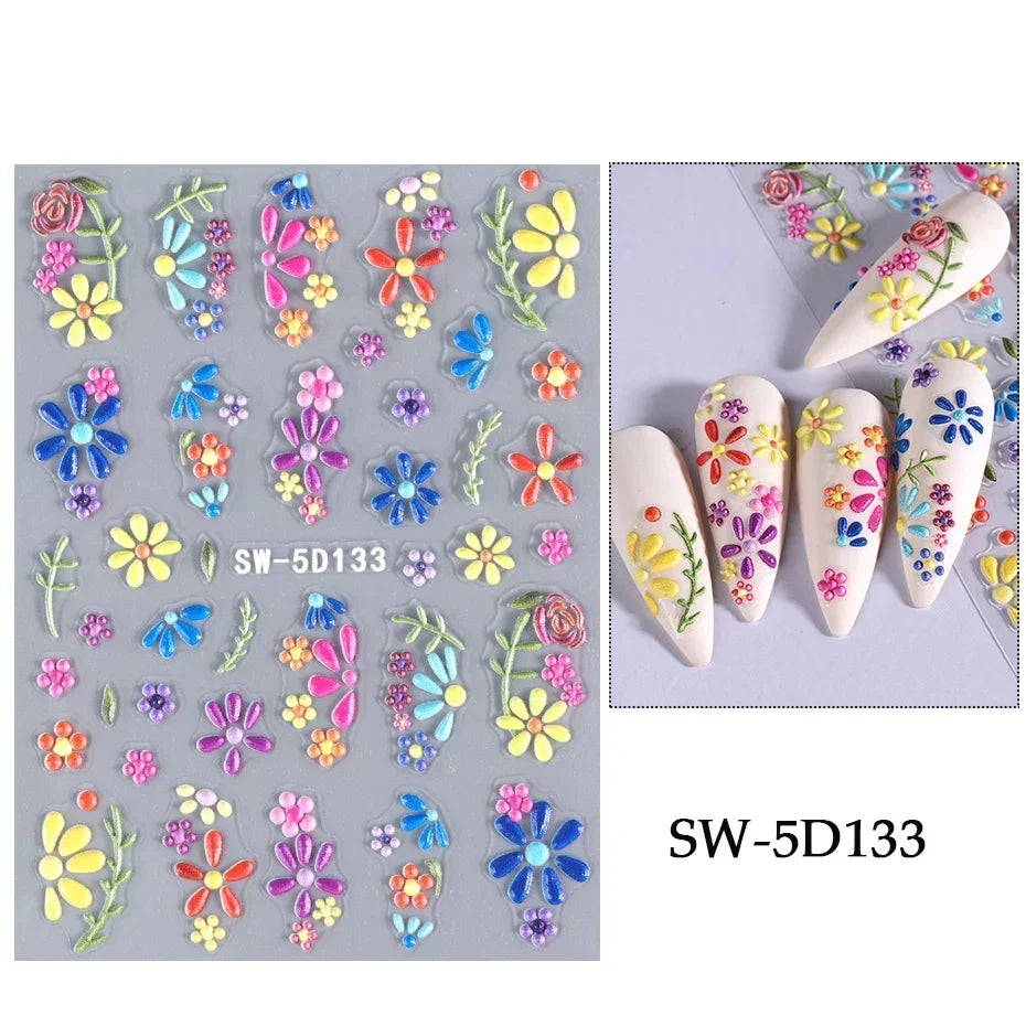 5D Colorful Daisy Flower Nail Art Sticker Lace Heart Spring Hollow Petals Boho Style French Engraved Slider Manicure Decorations - Daisan Mart