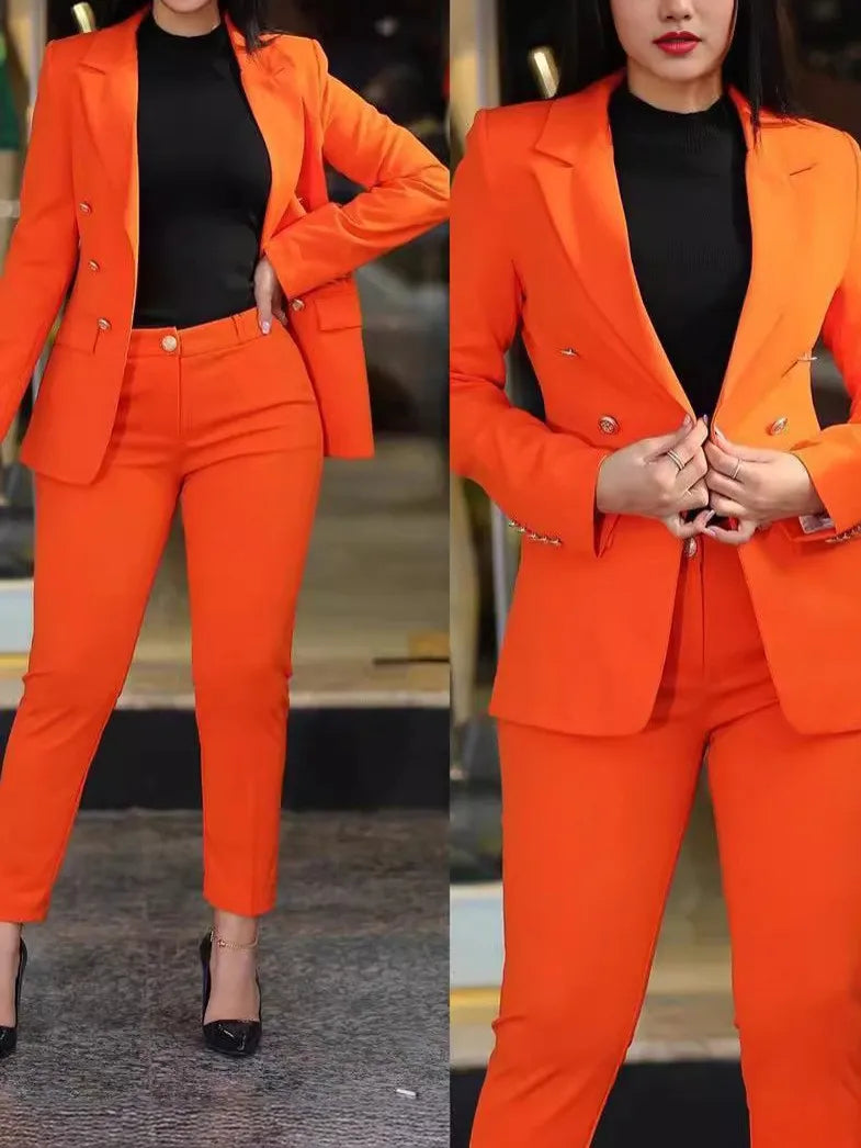 Office Lady Elegant Solid Two Piece Sets New Autumn Winter Women Fashion Lapel Long Sleeve Blazer & High Waist Work Pants Suit - Daisan Mart