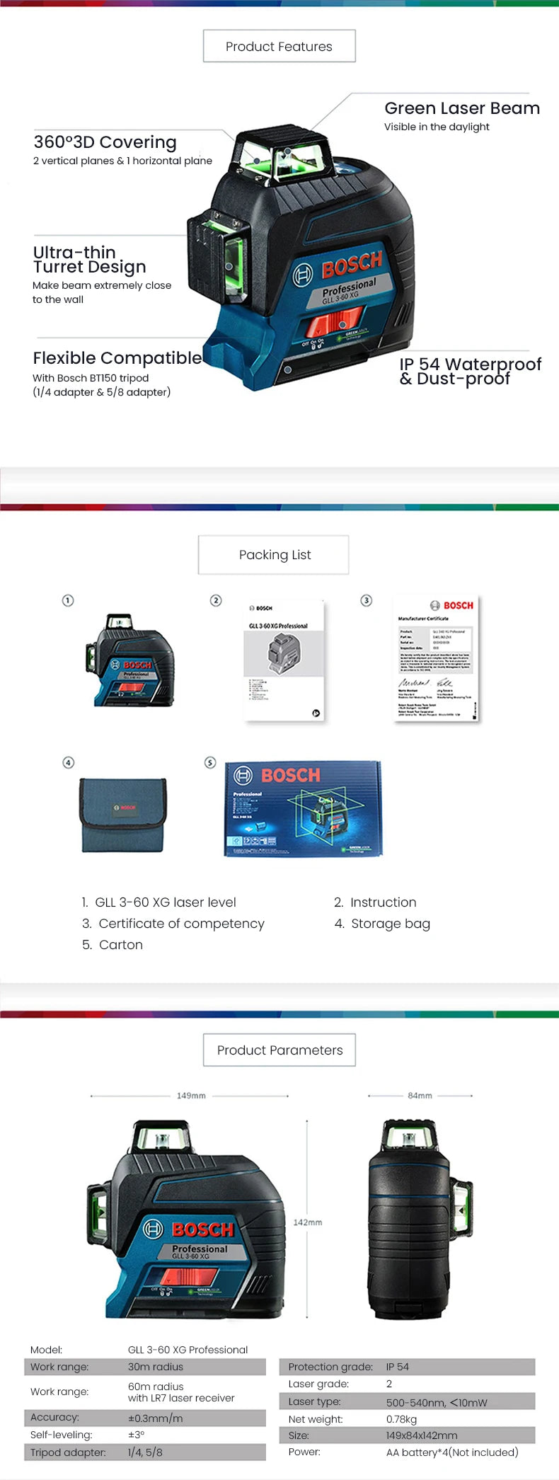 Bosch GLL 3-60 XG Laser Level 12 Lines Green 3D Level Self-Leveling 360 Horizontal &amp; Vertical Cross 30m Powerful Measuring Tool