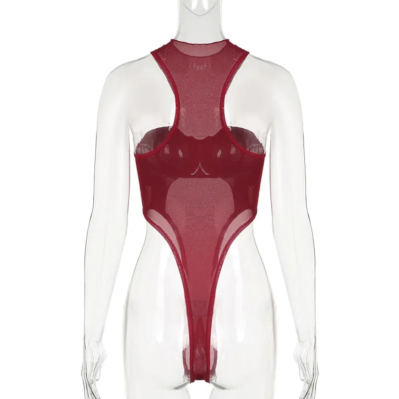 Bodysuit Đỏ Sexy Lưới Trong Suốt - Y2K Nữ Tính - Daisan Mart