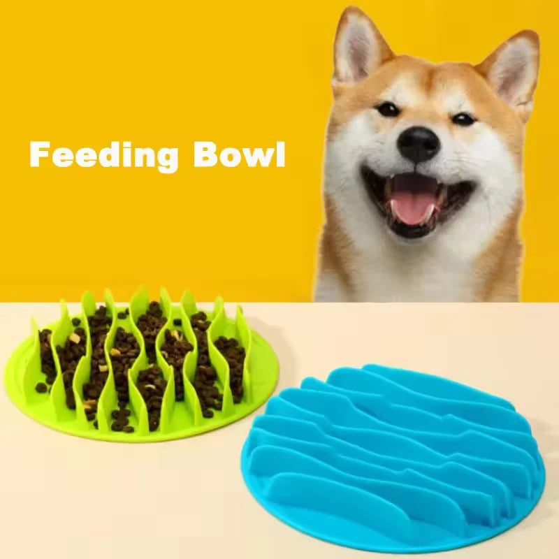 Chó cười nền vàng, tô ăn xanh lá có hạt, tô xanh dương không hạt. Văn bản: "Feeding Bowl".