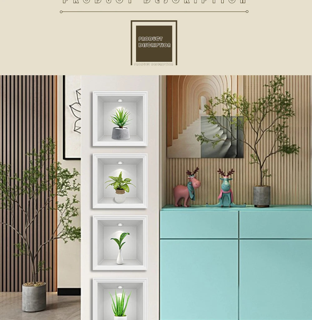 4pcs/set Simulated Plant Potted Plants Cabinet Decoration Wall Stickers Peel &amp; Stick Waterproof PVC Frameless Wall Art Mural