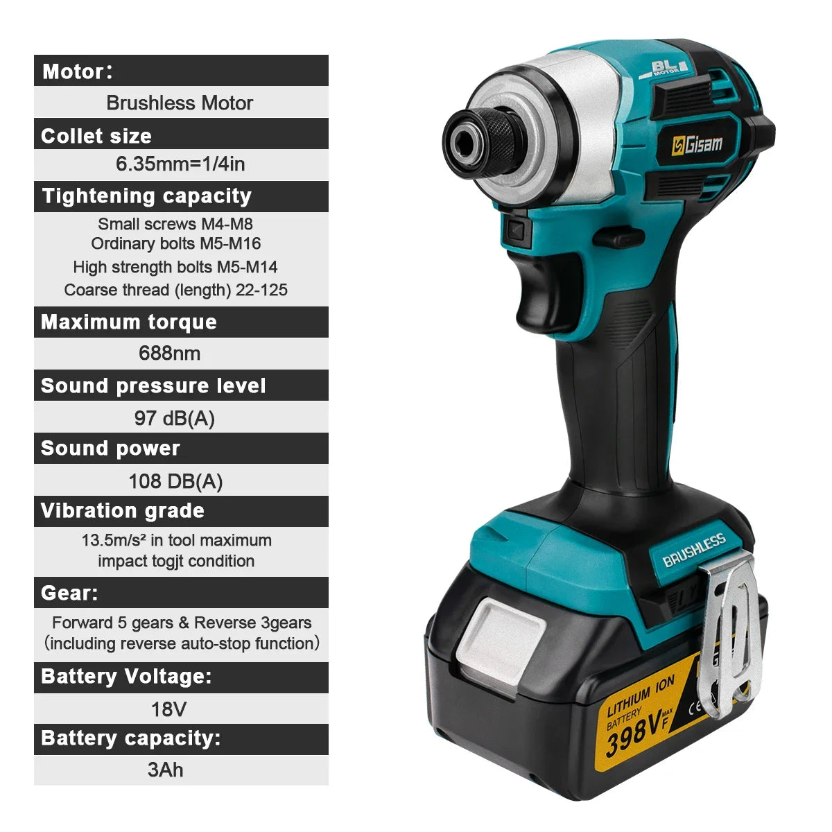 688N.m 1/4'' Brushless Electric Screwdriver Cordless Screwdriver Electric Drill Impact Driver Kit for Makita 18V Battery Battery