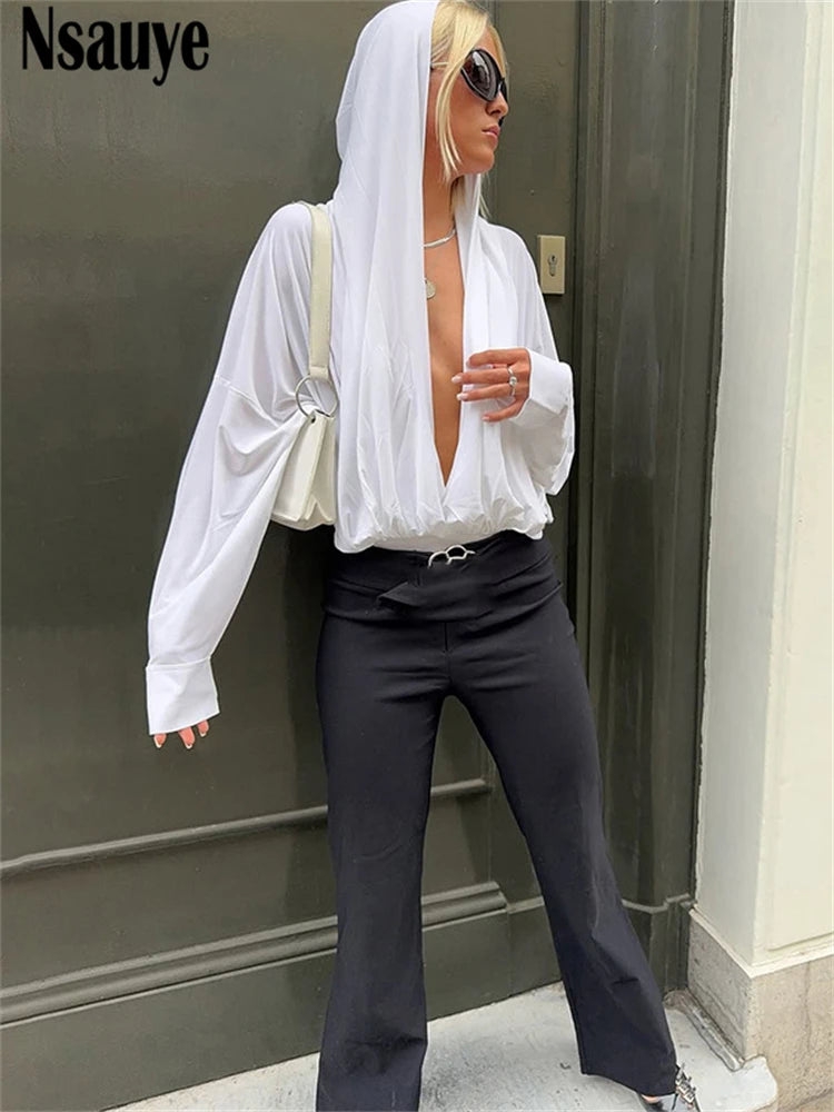 Nsauye 2025 Autumn Winter New Women Sexy Long Sleeve Hooded Bodysuit Streetwear Fashion Body Tops Fashion Solid Lady Jumpsuit