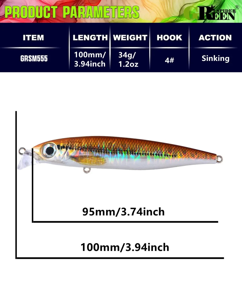 GREENSPIDER Sinking Minnow 100mm 34g Wobbler Pesca Swimbait Long Cast Tackle Pike Fishhook Sea Fishing Lure Jerkbait