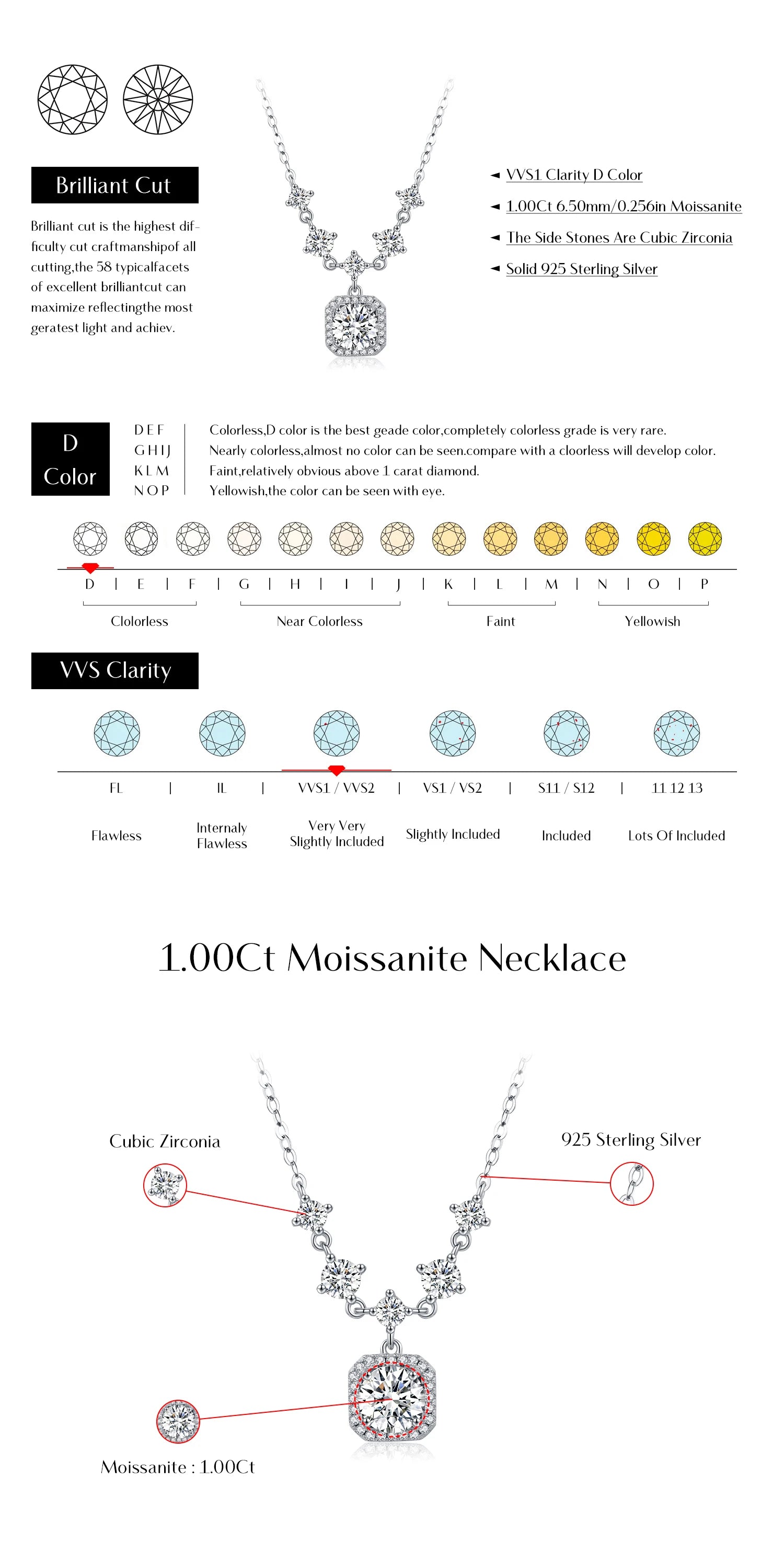 MODIAN 1CT D Color Moissanite Necklace 925 Sterling Silver Luxury Halo Charm Pendant Necklace For Women Bridal Wedding Jewelry