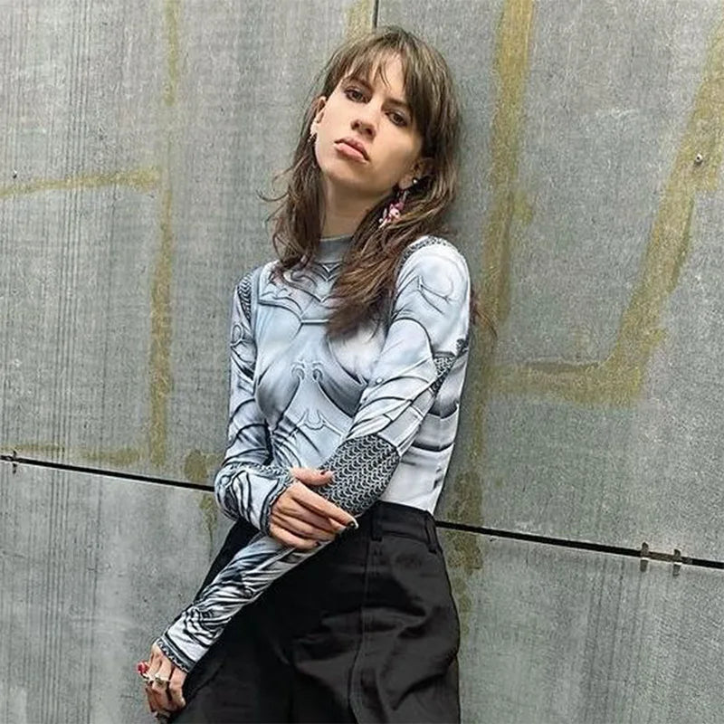 Goth Dark Techwear Printed Y2k Fashion Bodysuits Cyber ​​Gothic Punk Long Sleeve T-shirts Bodycon Women Grunge Streetwear Bodysuit