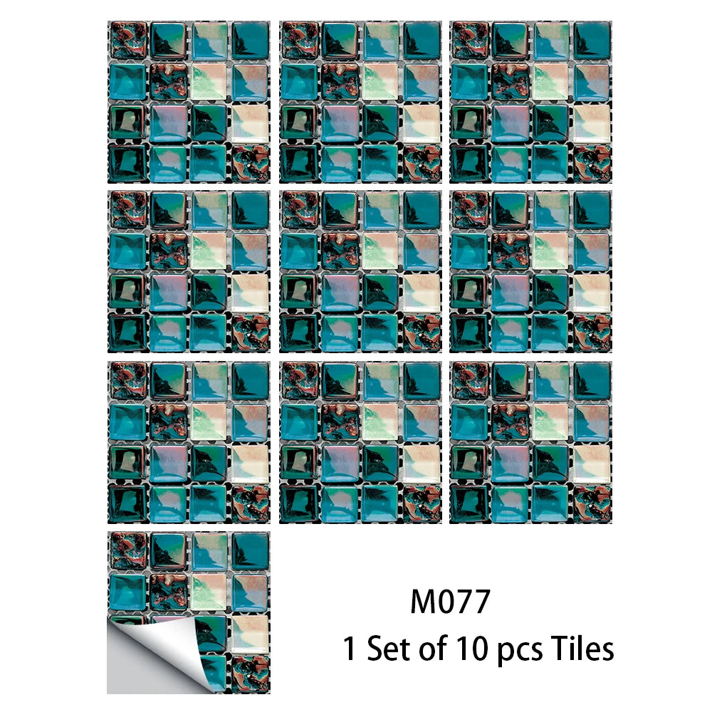 10pcs Flat Mosaic Style Tiles Sticker Kitchen Bathroom Waterproof &amp; Oilproof Art Wall Sticker Peel &amp; Stick Surface Glossy Film