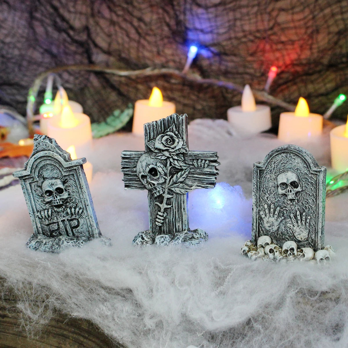 3-piece set of tombstone resin crafts, terrifying decorative statues in courtyard gardens, Halloween decorative statues, bonsai - Daisan Mart