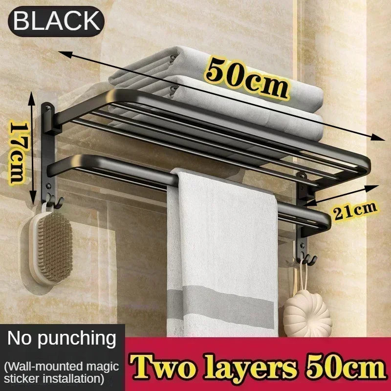 40/50/60CM No Drilling Towel Rack Fold Self-adhesive Wall Hanger Rail Bracket Black Aluminum Shower Bathroom Accessories Holder