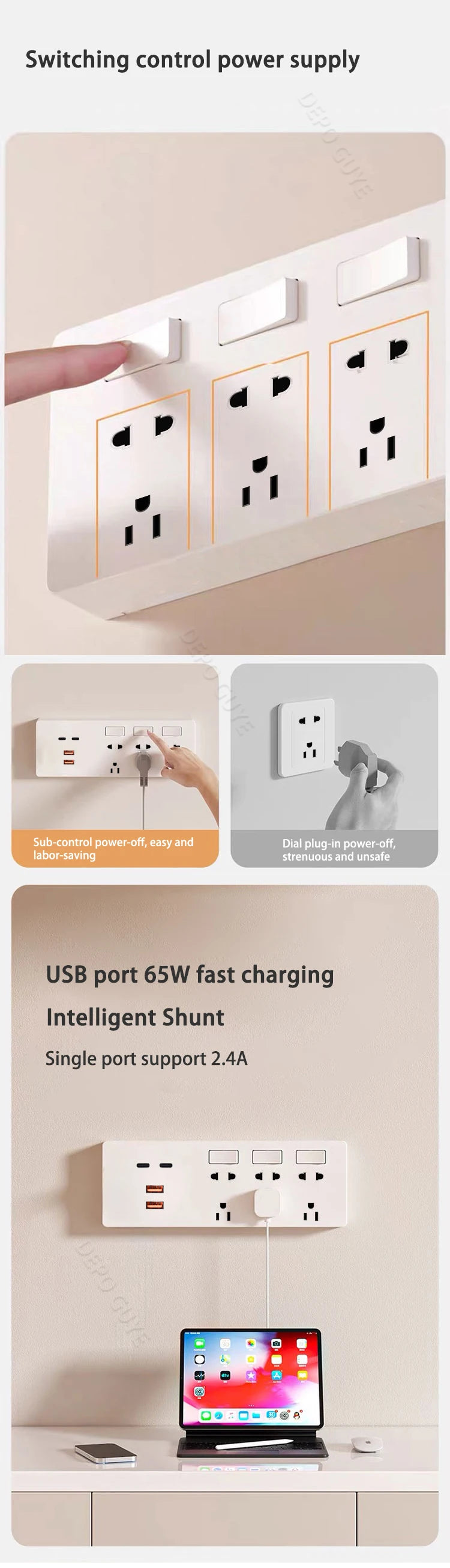 US Mexico Standard Expand Socket,Universal Five Hole 65W Fast Smart Charge USB Port Outlet,UK Wall Power Electric Wall Plug
