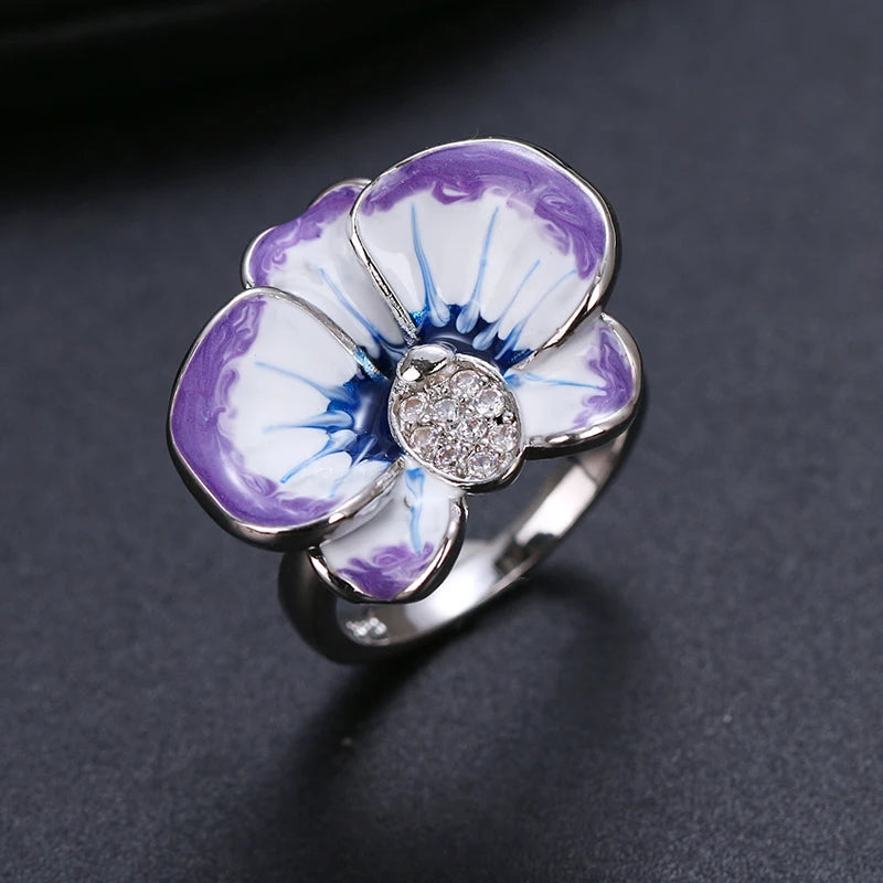 Women's Blue White CZ Zircon Silver Flower Jewelry Set