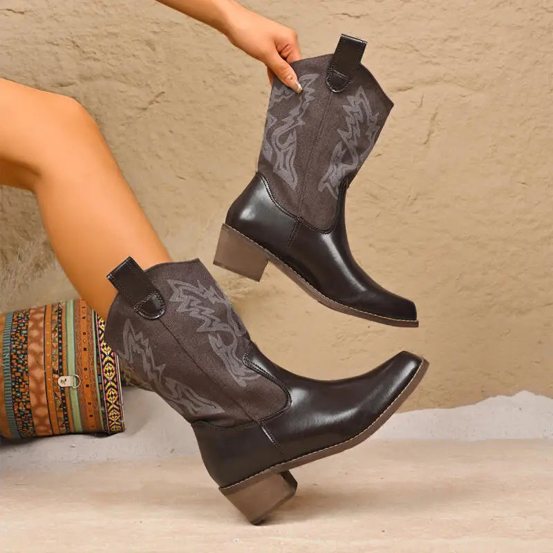 ###Women's Embroidered High-Neck Leather Boots 2025 - Western Style