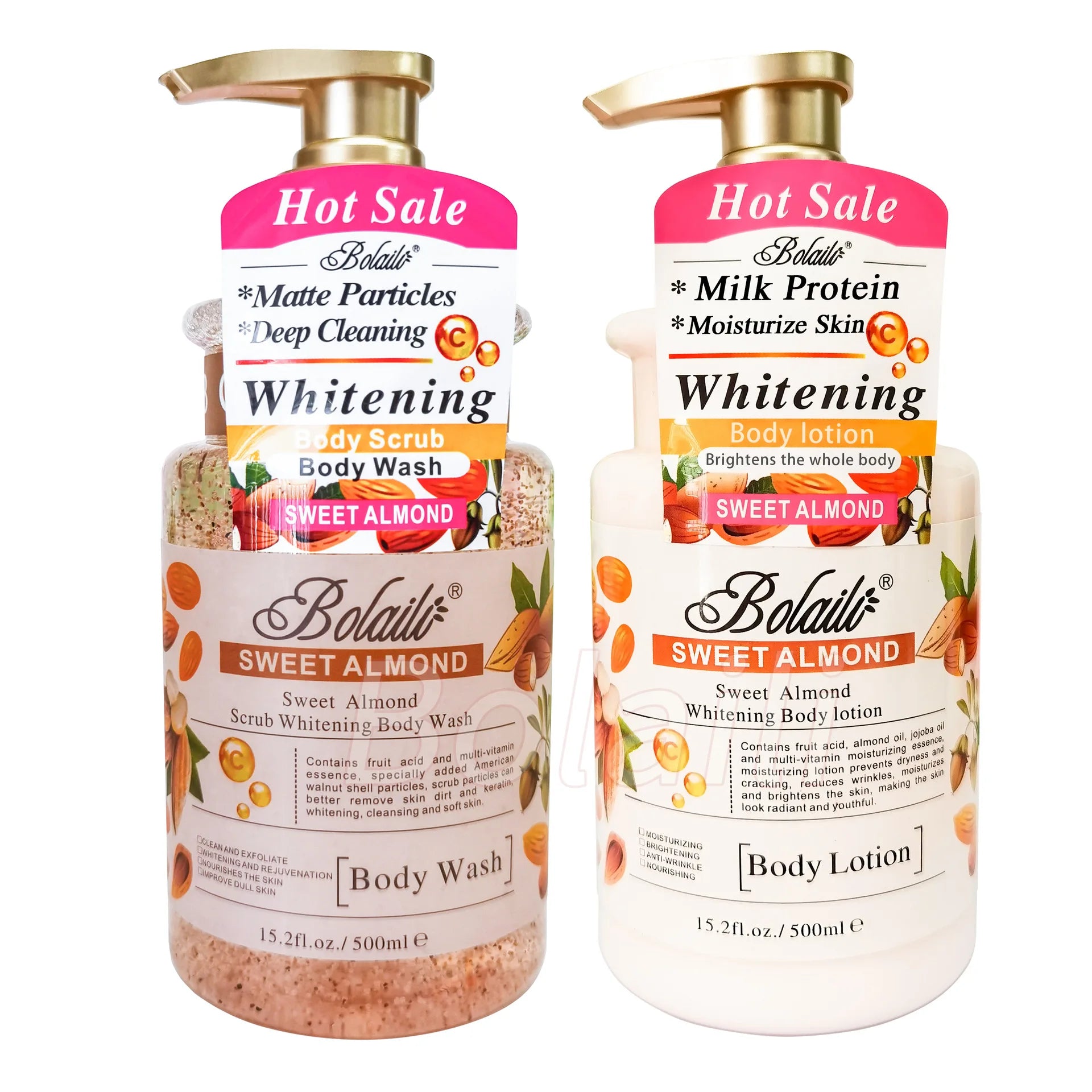 500ml Almond Whitening Body Lotion &amp; Scrub Body Wash Exfoliating Moisturizing Whitening Skin Lightening Increase Skin Radiance