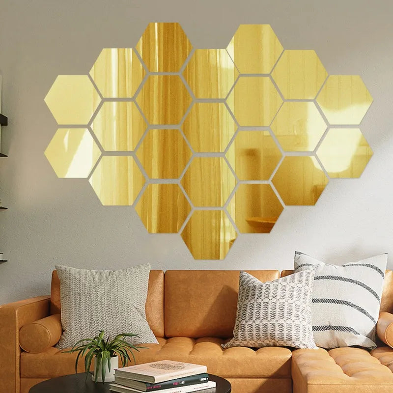 120/6pcs 3D Mirror Wall Sticker Hexagon Acrylic Self Adhesive Mirror Stickers Art Wall Decal Mosaic Tiles DIY Home Bedroom Decor
