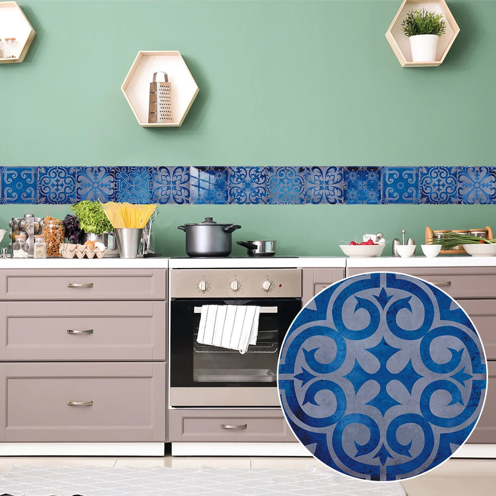 10pcs/set Dream Blue Tile Sticker Kitchen Backsplash Oil-proof Bathroom Waterproof Home Decor Wall Decals Peel &amp; Stick Art Mural