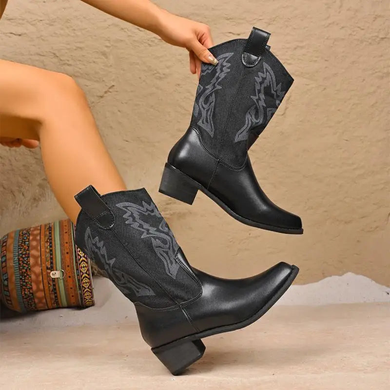 ###Bốt Da Cao Cổ Thêu Nữ 2025 - Phong Cách Viễn Tây