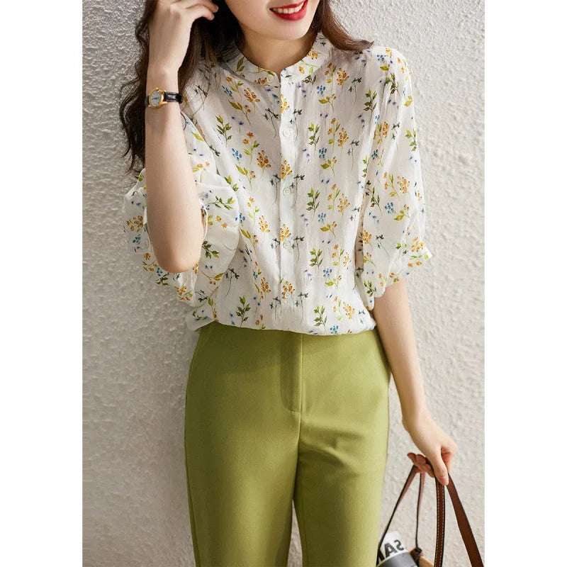 Women Shirt 2024 Spring New Arrival Printed Floral Shirt Stand Collar Neck Long Sleeve Elegant Blouse Top