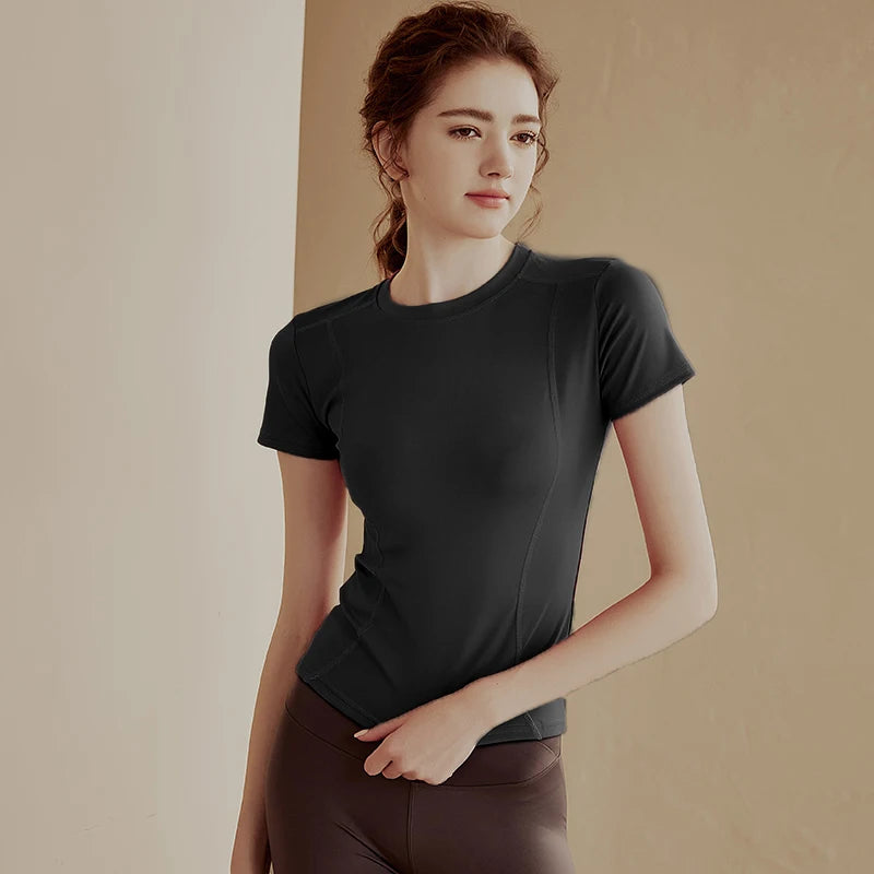 {QTG329} 1 Pcs Women's Tight Short Sleeve Yoga Top - Slim Fit, Quick Dry Fabric For Running, Gym & Outdoor Workouts - Daisan Mart