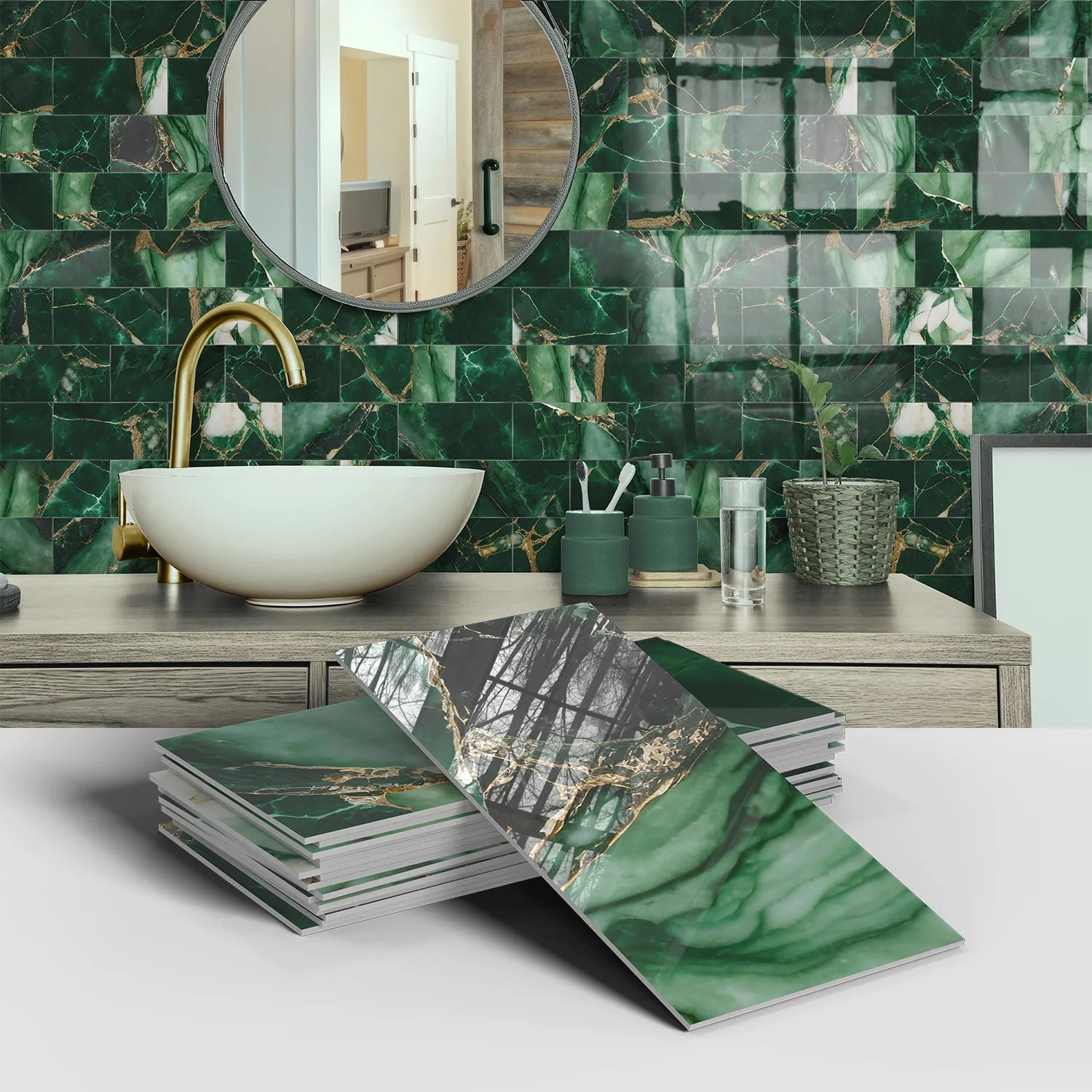 Set of 16 Waterproof Stone Pattern Foam Wall Stickers for Kitchen