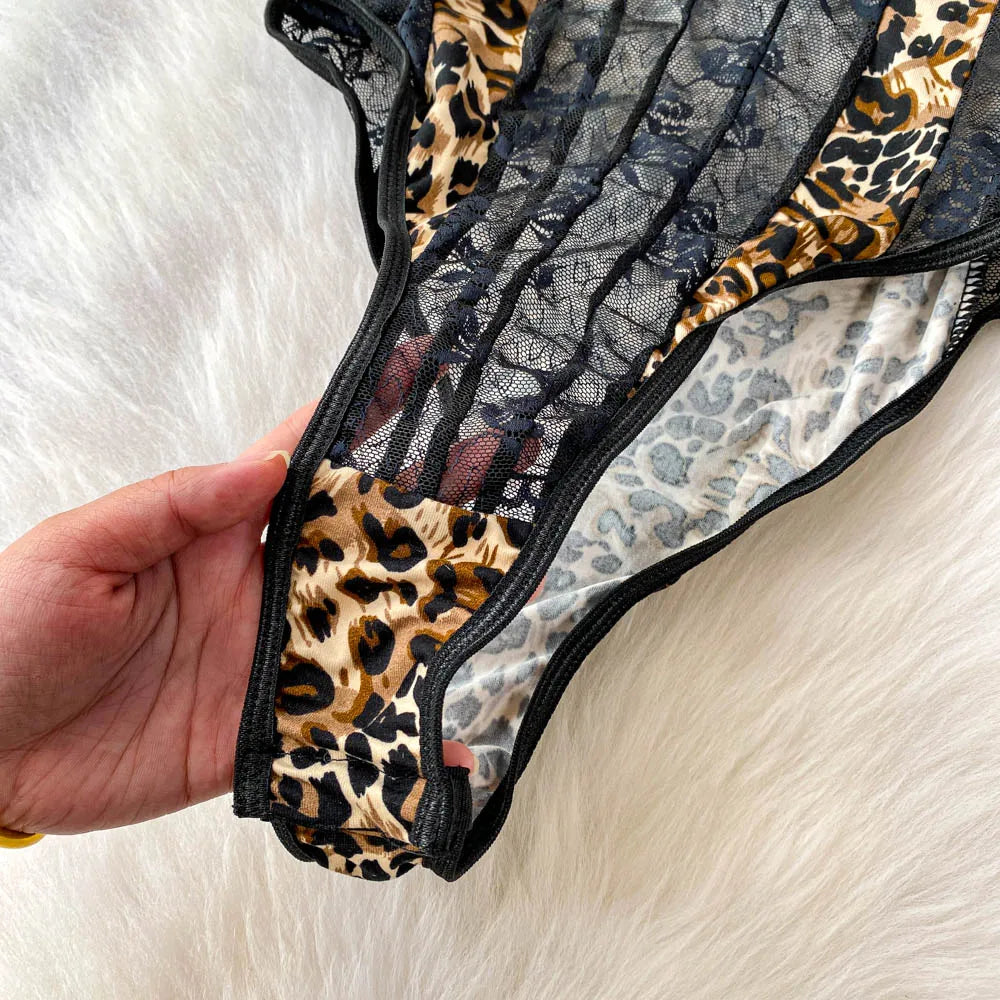 Women Hotsweet V-neck leopard slim Vintage Straps Bodysuits Chic lace Jumpsuits Slim Top Clothing