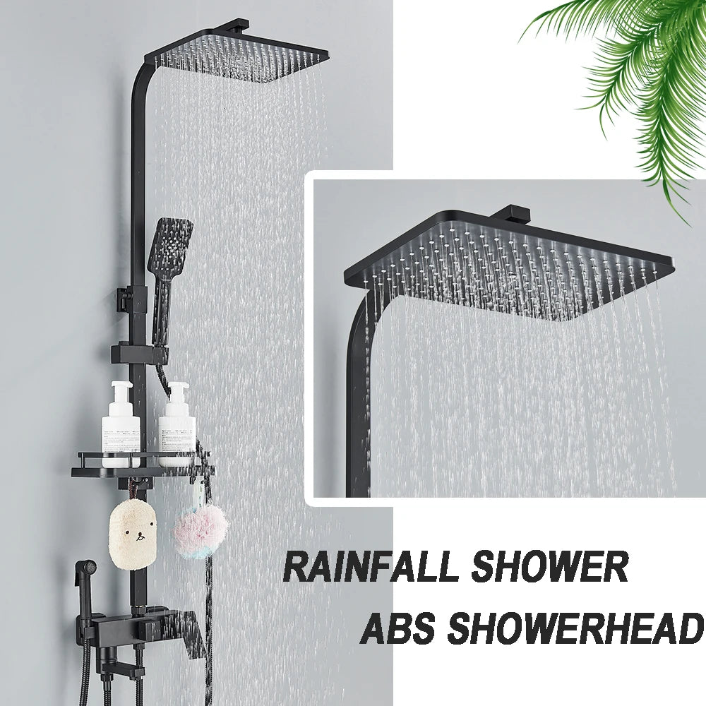 Chrome Brass Shower Faucet Set Rainfall Bathtub Tap With Bathroom Shelf 4 Function Height Adjust Shower Mixer Crane Fast Delivey