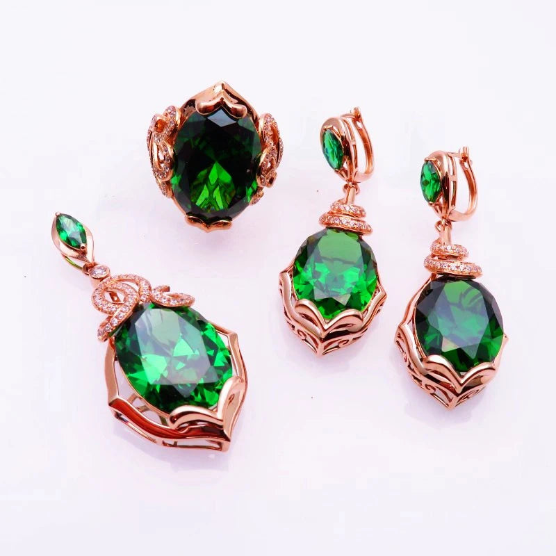 Luxurious 14K Rose Gold Emerald Jewelry Set