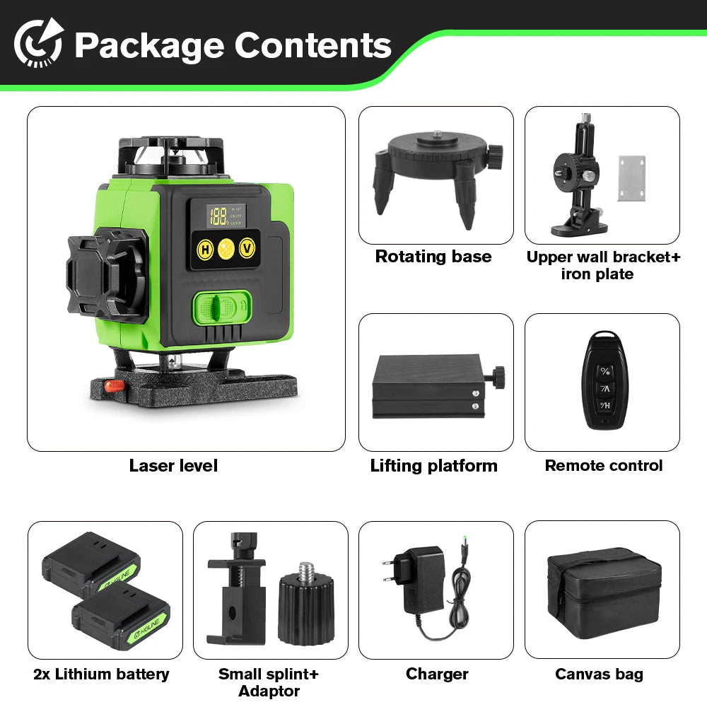 HGLINE 16 Lines 4D Laser Level APP Remote Control Rechargeable Self-leveling 360 Green Line leveling 6000mAh Big Li-ion Battery