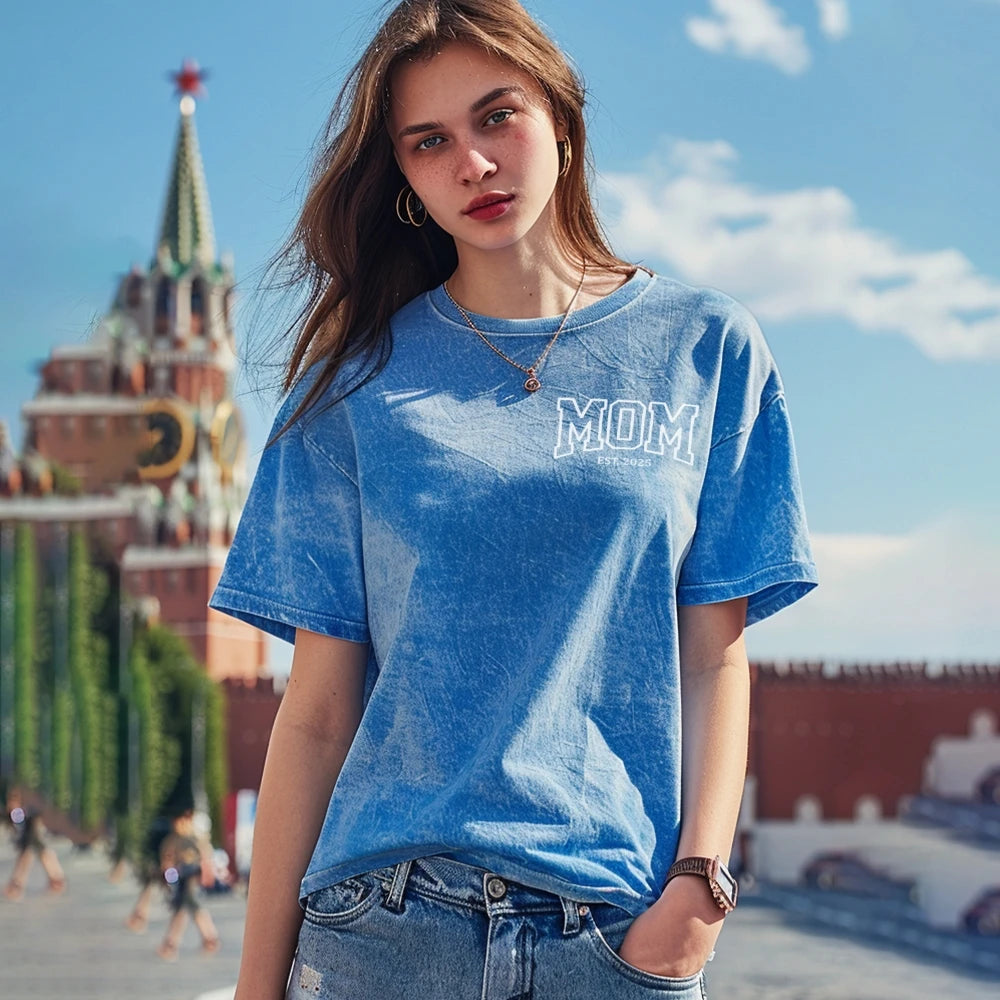 Unisex T-shirt Embroidered with MOM EST 2025 Denim Style
