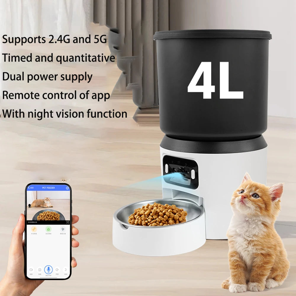 4L Automatic Cat Feeder - Timed pet feeder for cats and dogs, with dry food dispenser, desiccant bag, WIFI control, video remote