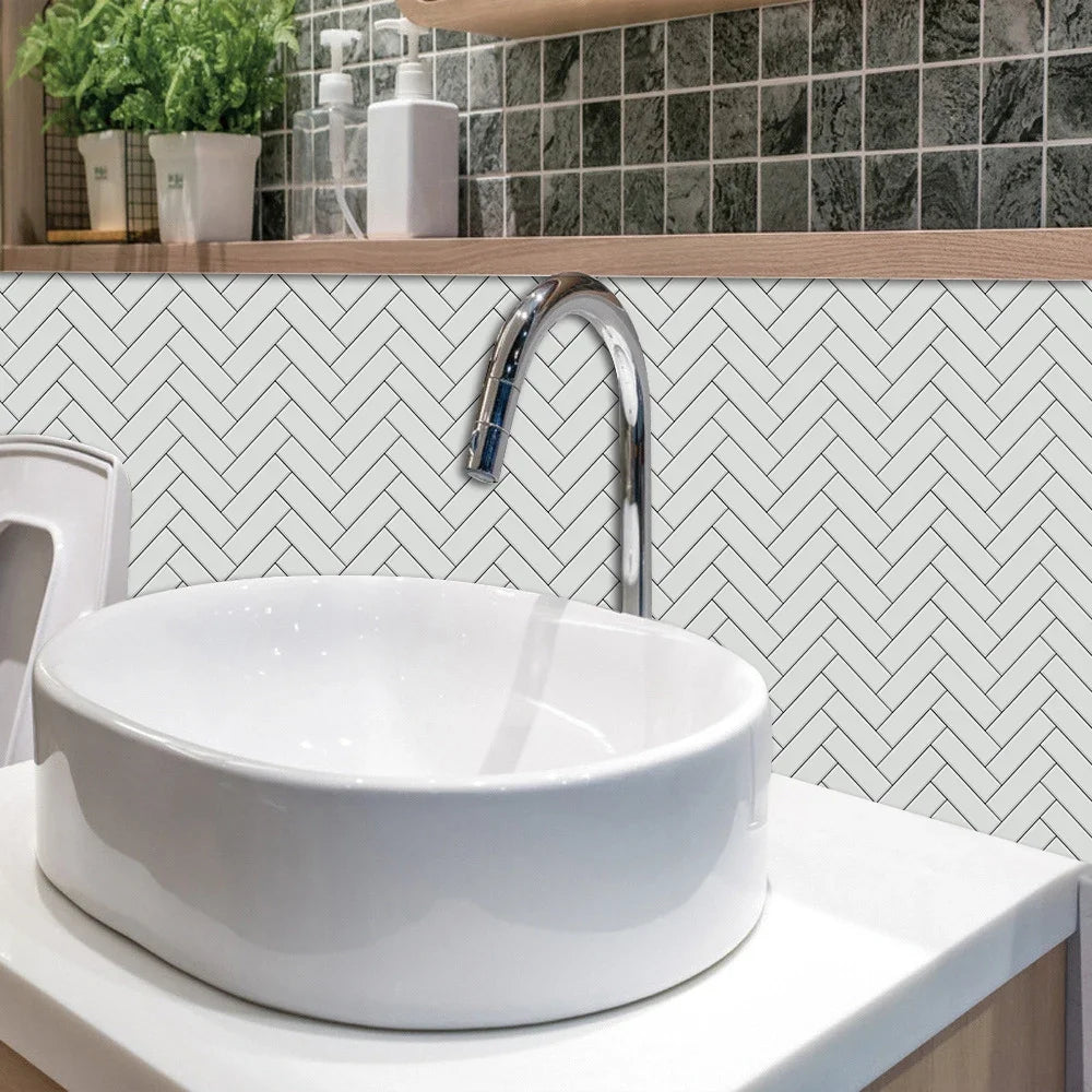 10pcs/set White Gray Brick Tiles Sticker Kitchen Backsplash Oil-proof Cupboard Washbasin Peel &amp; Stick Waterproof Art Wallpaper