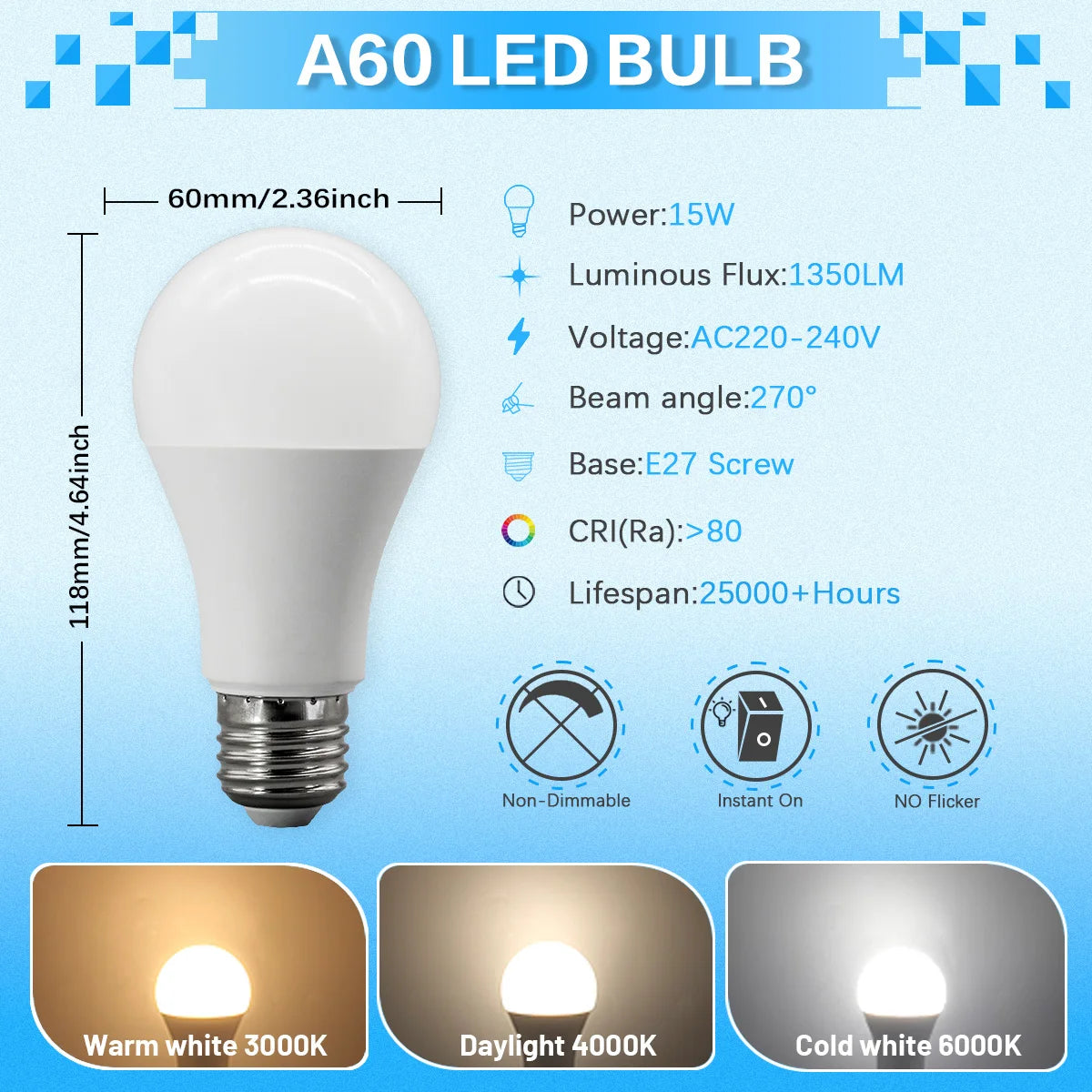 Set of 12 E27 LED Bulbs Full Watt Super Bright 220V 240V