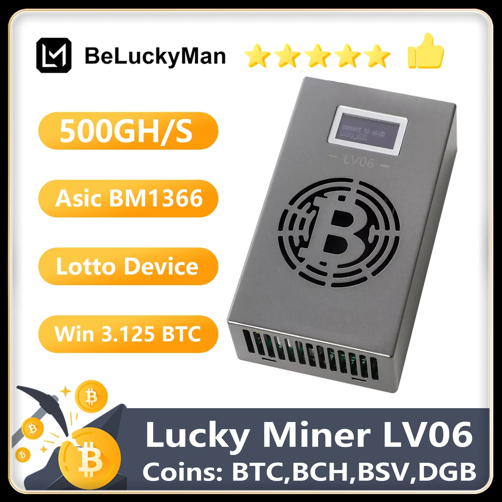 Thiết bị Lotto màu xám với logo Bitcoin, chữ "500GH/S", "Asic BM1366", "Win 3.125 BTC".