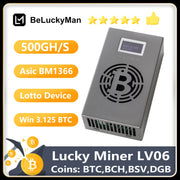 Thiết bị Lotto màu xám với logo Bitcoin, chữ "500GH/S", "Asic BM1366", "Win 3.125 BTC".