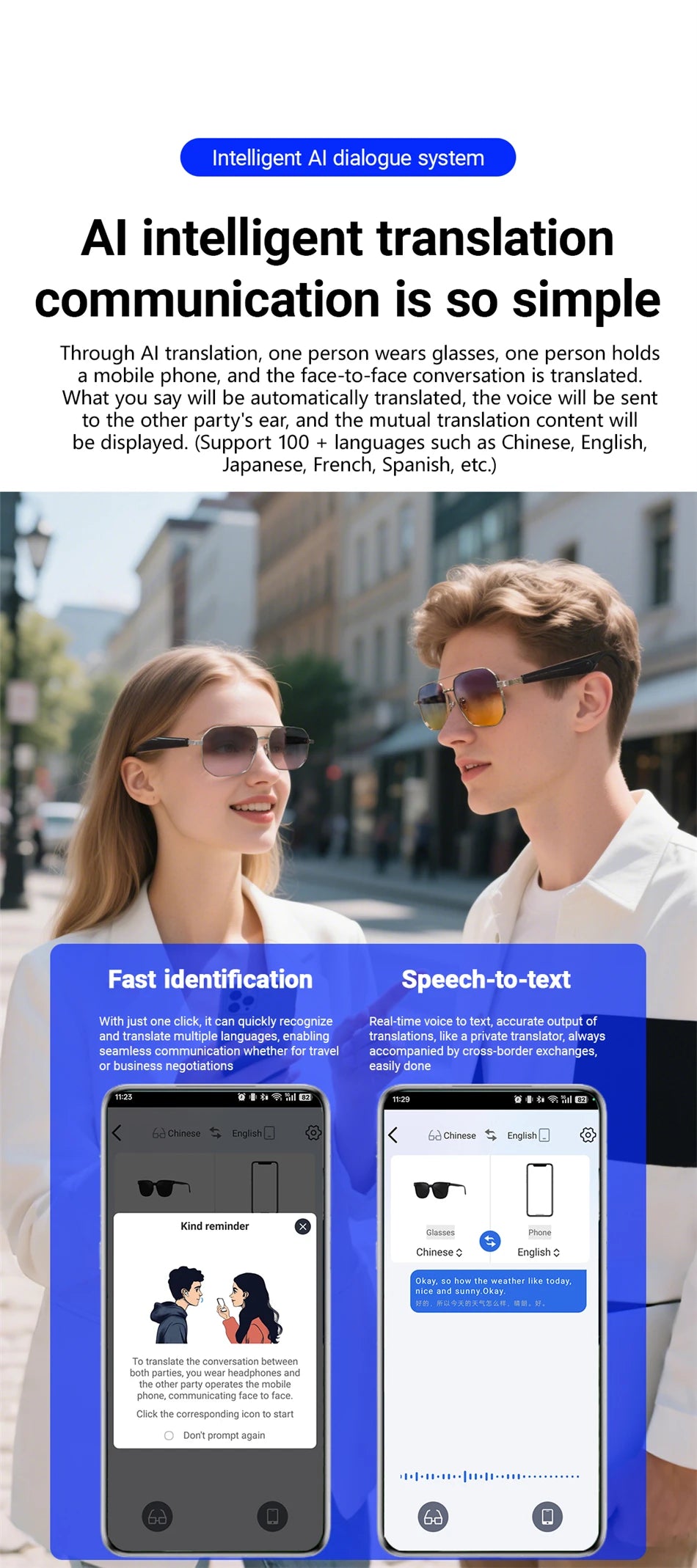 LIGE Ai Smart Bluetooth Glasses 100+Languages ​​Translation Real-time Q&amp;A BT5.4 Music UV Protection Smart Sunglasses for Men Women