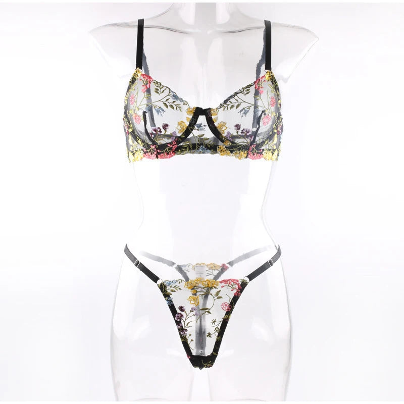 Women's Boho 2-Piece Floral Embroidery Lace Lingerie Set Fashion