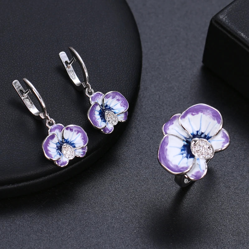 Women's Blue White CZ Zircon Silver Flower Jewelry Set