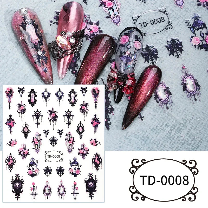 3D Black Purple Halloween Nail Stickers Gothic Skull Rose Butterfly Nail Decals for Festival Nail Decor Manicure Sliders