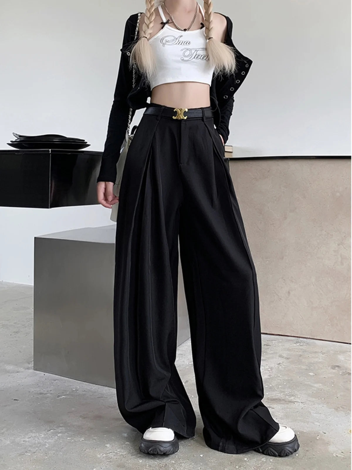 Office Suit Pants Floor Mop Pants For Women's Autumn Korean Version 2024 New High Waisted Design Loose Wide Leg Casual Pants - Daisan Mart