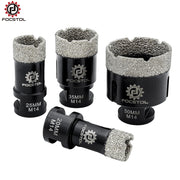 Bộ bốn mũi khoan màu đen, đầu phủ kim cương, kích thước 20mm đến 50mm.