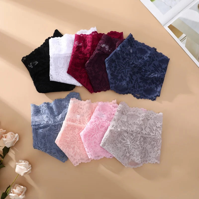 5PCS Women's Sexy Lace Star High Waist Thongs Solid Color Hollow Out Transparents Underwear Female Perspective G-strings S-XXL