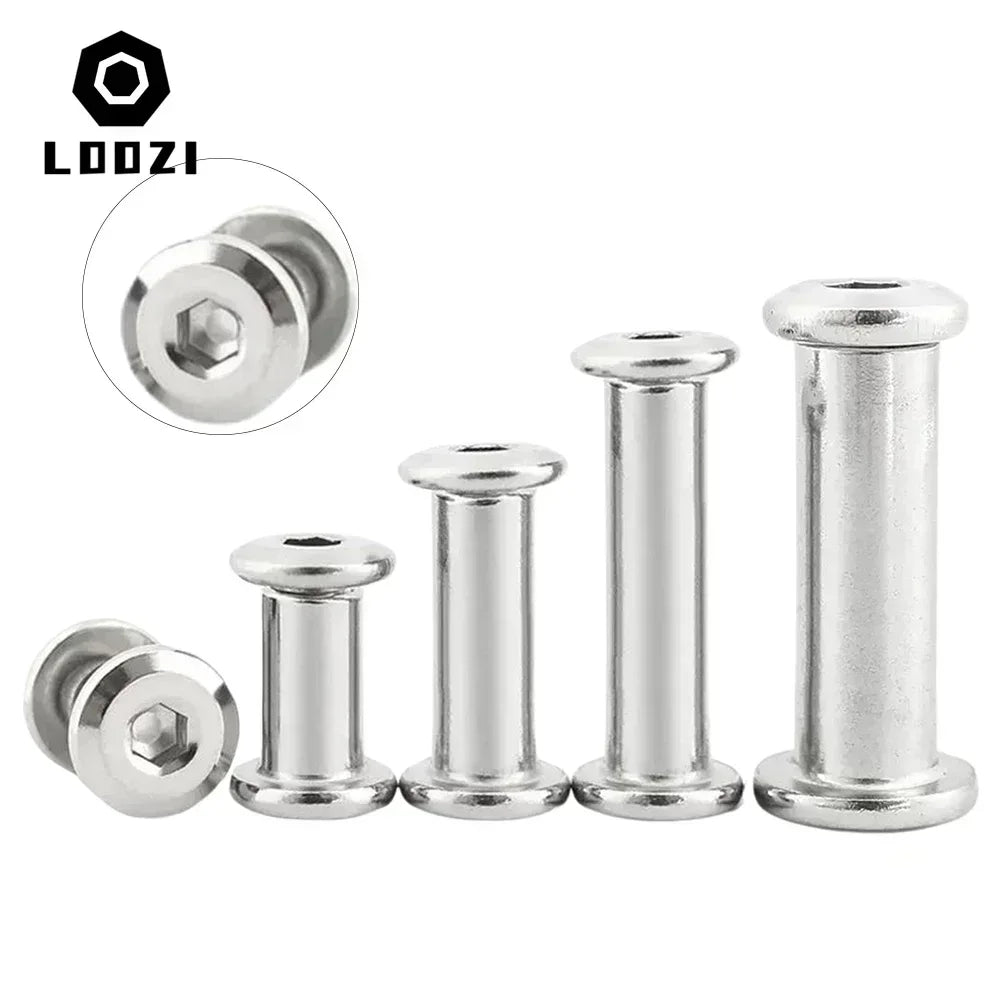 Bộ ốc kim loại màu bạc có độ dài tăng dần, hình trụ với đầu vít hình lục giác.