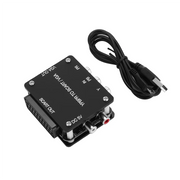 Bộ chuyển đổi đen với cổng RCA và SCART, đi kèm dây cáp USB đen cuộn tròn.