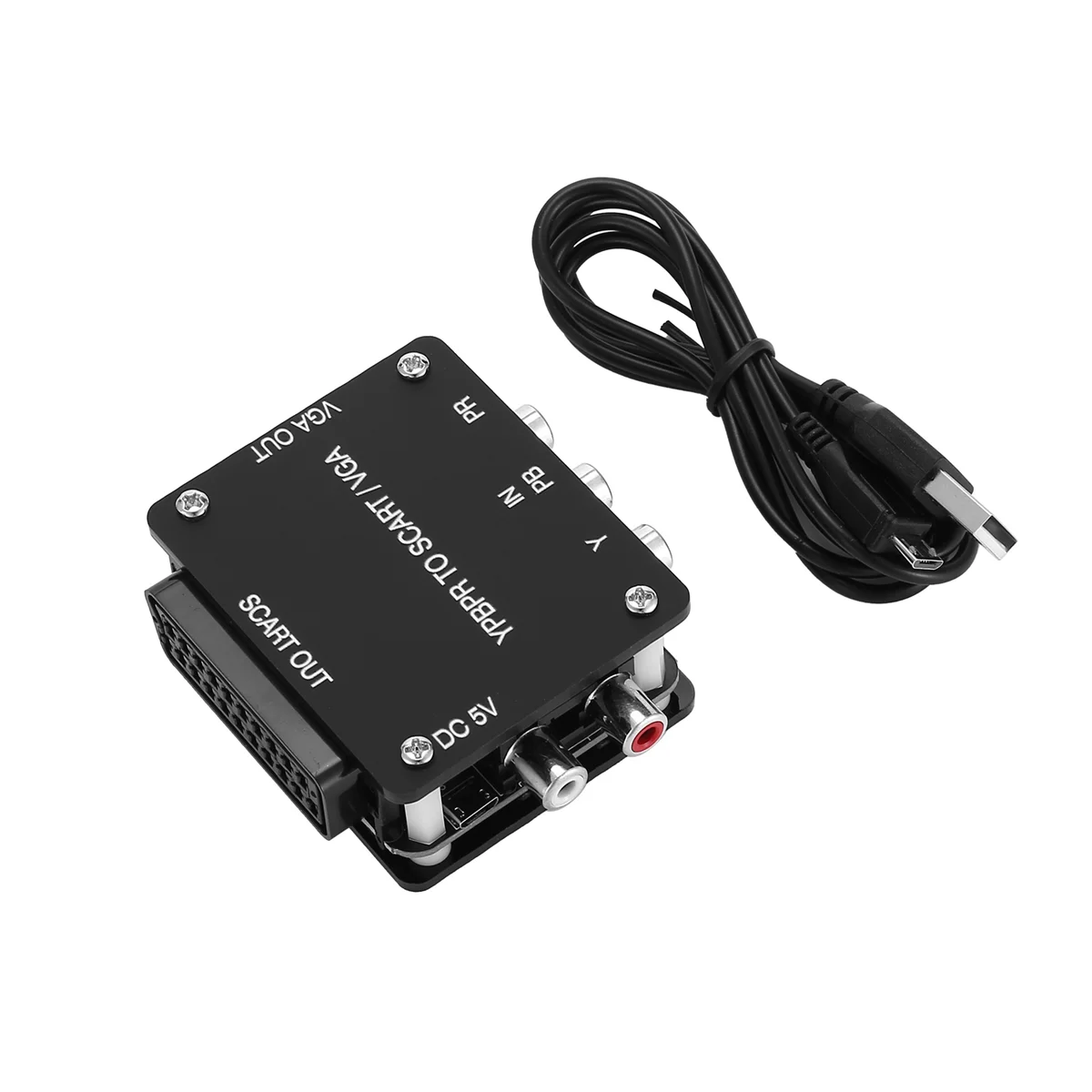 Bộ chuyển đổi đen với cổng RCA và SCART, đi kèm dây cáp USB đen cuộn tròn.
