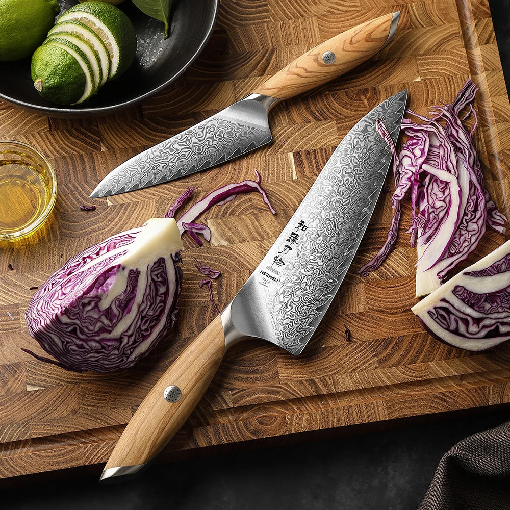 HEZHEN 1PC Or 2PC Knife Set 73 Layer Damascus Steel Powder Steel Core Sharp Kitchen Knives Olive Wood Handle Gift Box