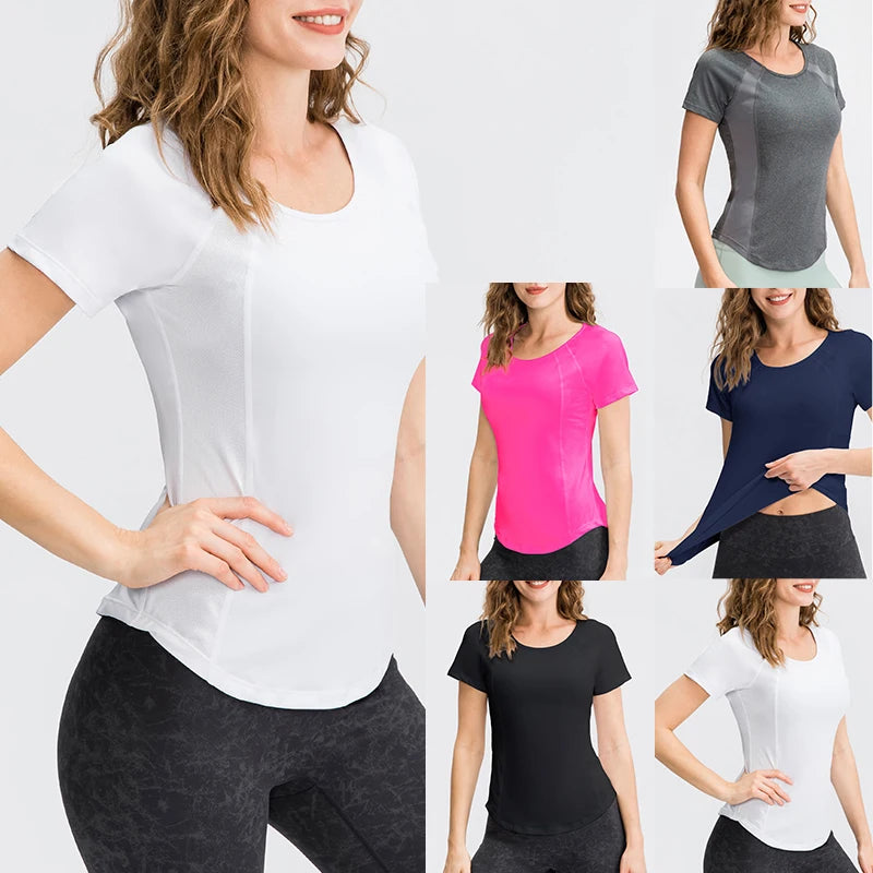 Áo thể thao nữ nhiều màu: trắng, xám, hồng, đen, xanh, mặc với quần legging đen.