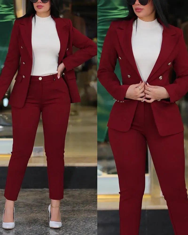 Office Lady Elegant Solid Two Piece Sets New Autumn Winter Women Fashion Lapel Long Sleeve Blazer & High Waist Work Pants Suit - Daisan Mart