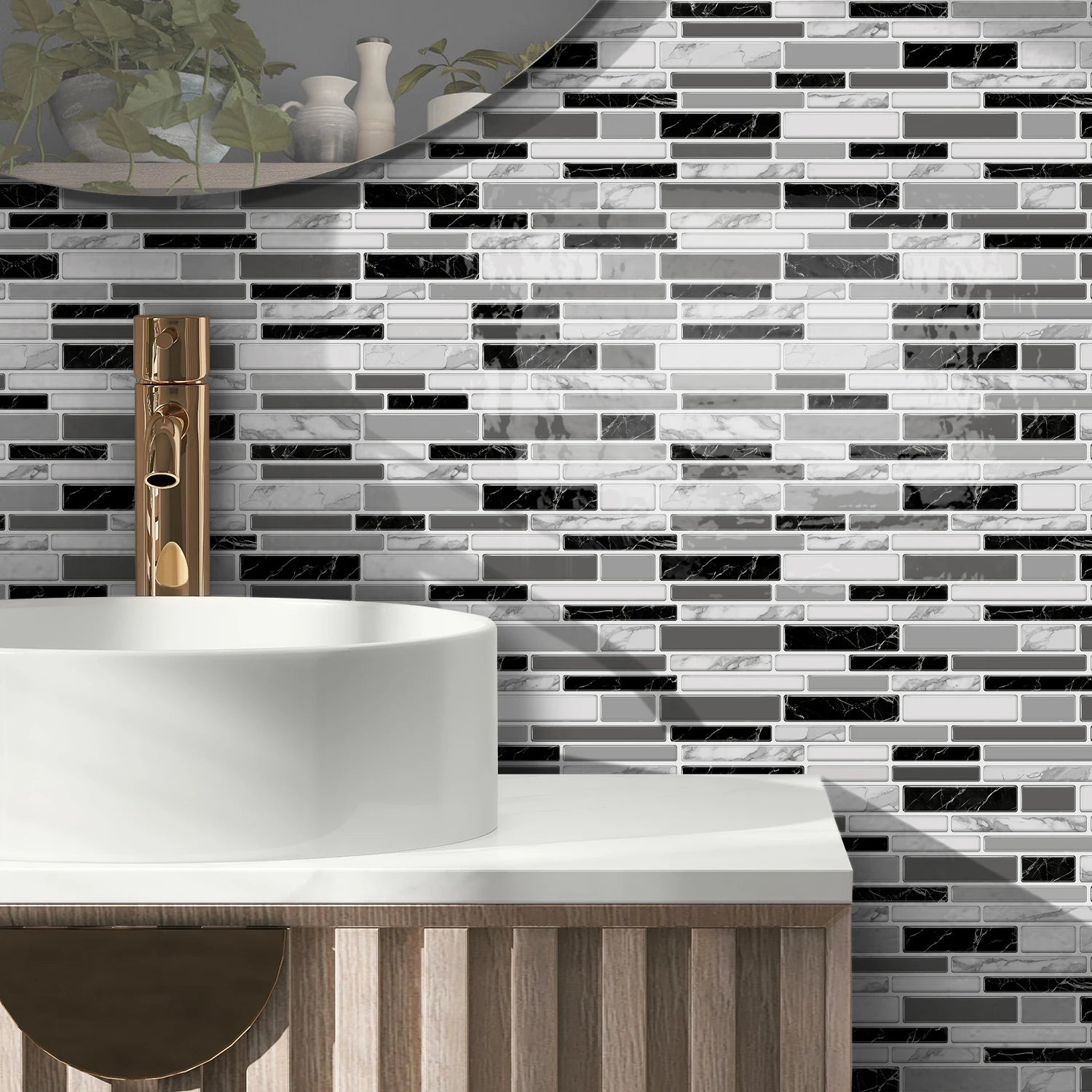 1/12pcs Classic Black And White Tile Marble Room Decoration Kitchen Living Room Waterproof Self-Adhesive Wall Sticker Detachable