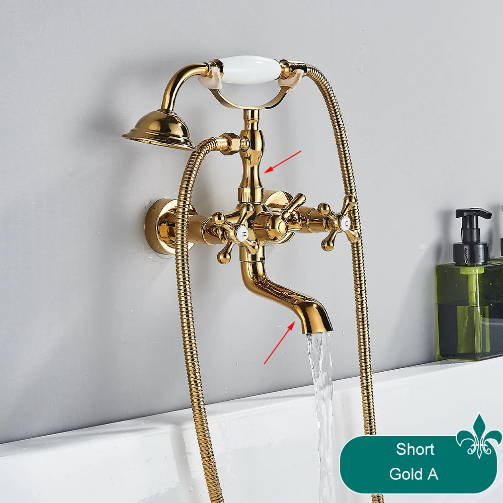 Telephone Style Golden Waterfall Bathtub Faucet Bathroom Brass Bath Faucets Waterfall Rotatb Spout Hot&amp;Cold water Shower tap set