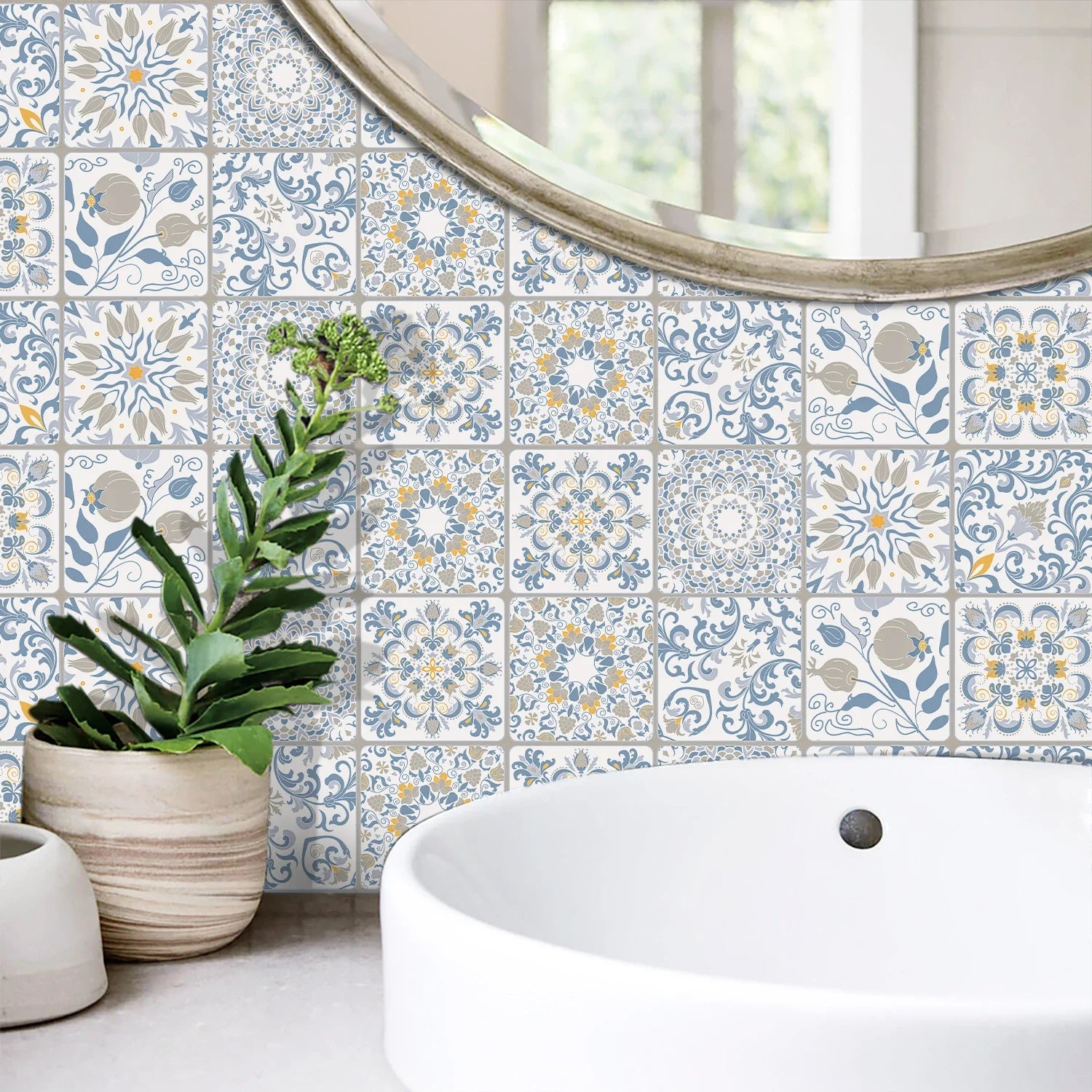 Blue White Yellow Peel &amp; Stick Tiles Wall Sticker for Bathroom Kitchen Backsplash Decorative Waistline Skirting Strip
